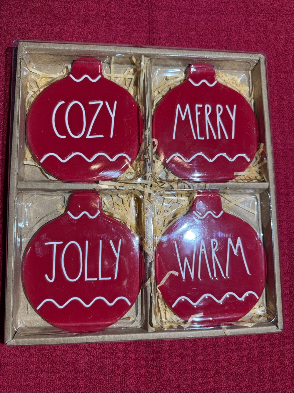 Rae Dunn Red Cozy Merry Jolly Warm Ornament Coaster Set